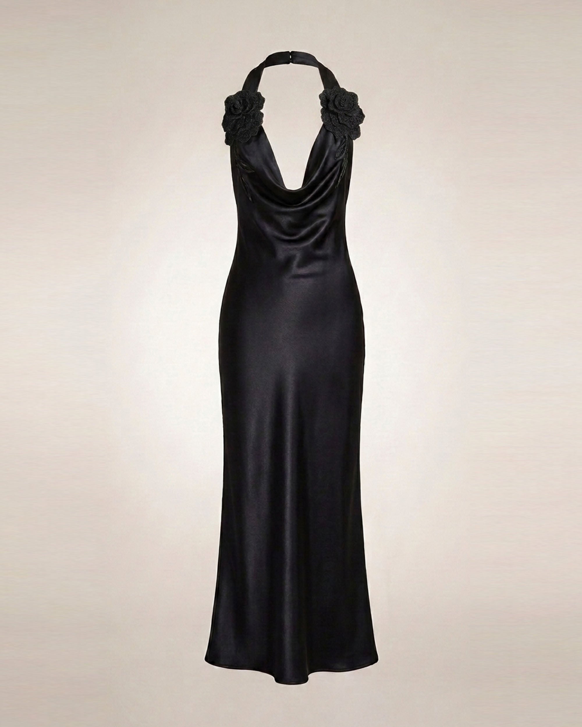 Flower Embroidered Cowl Halter Maxi Dress - Black