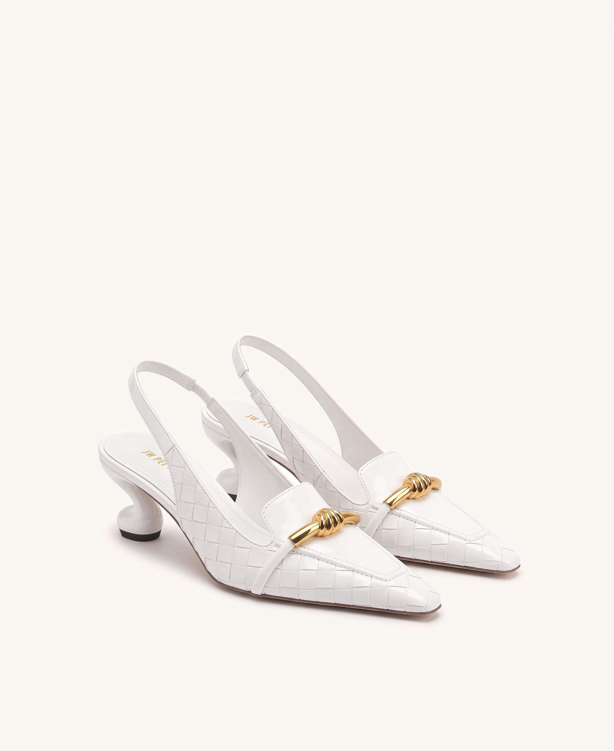 Lena Metal Rope Knot Woven Strap Slingback Pumps - White