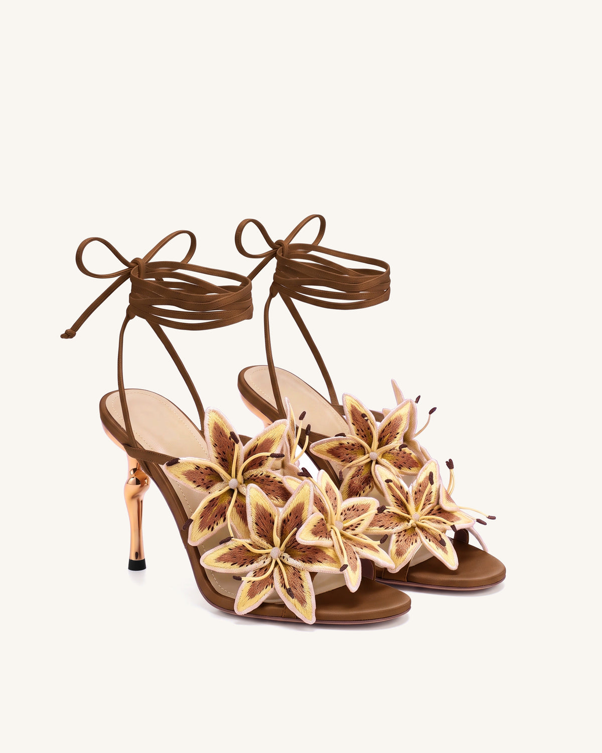 Isadora Lily Floral Lace-Up Stiletto Sandals - Brown