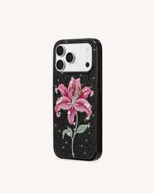 Pink Lily Artificial Crystal Phone Case - Black