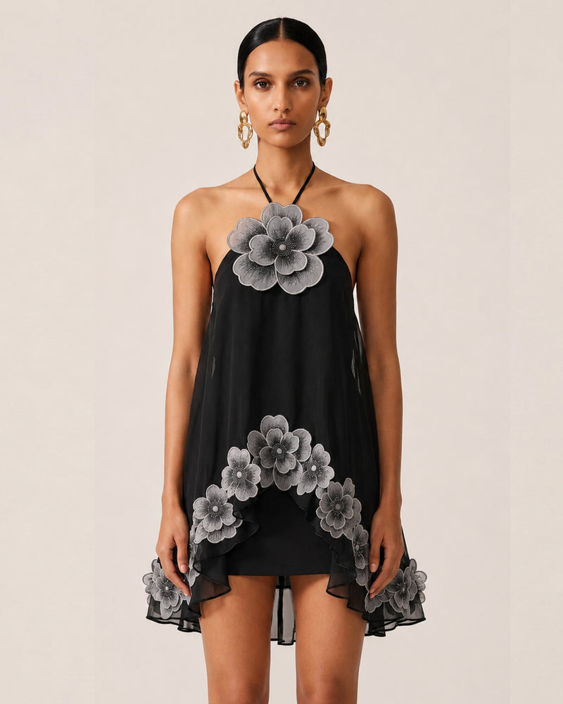 Floral Embroidered High-Low Halter Top - Black