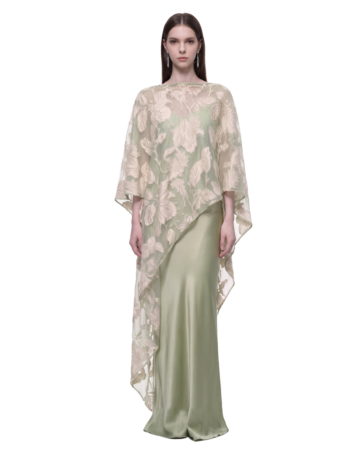 Sheer Cape Floral Jacquard Satin Slip Dress - Mint
