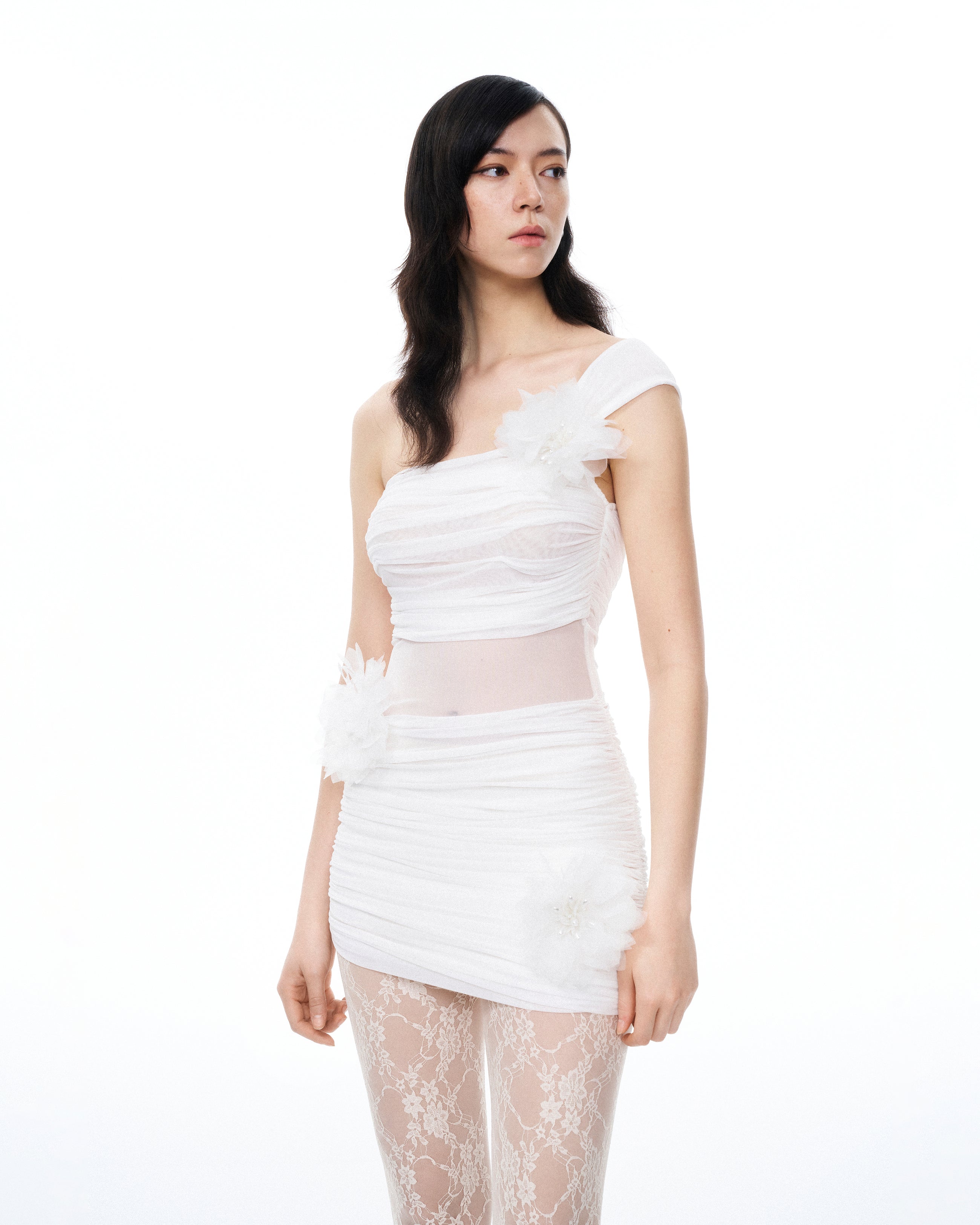 Isidore 3D Floral Wrinkles Mini Dress - White