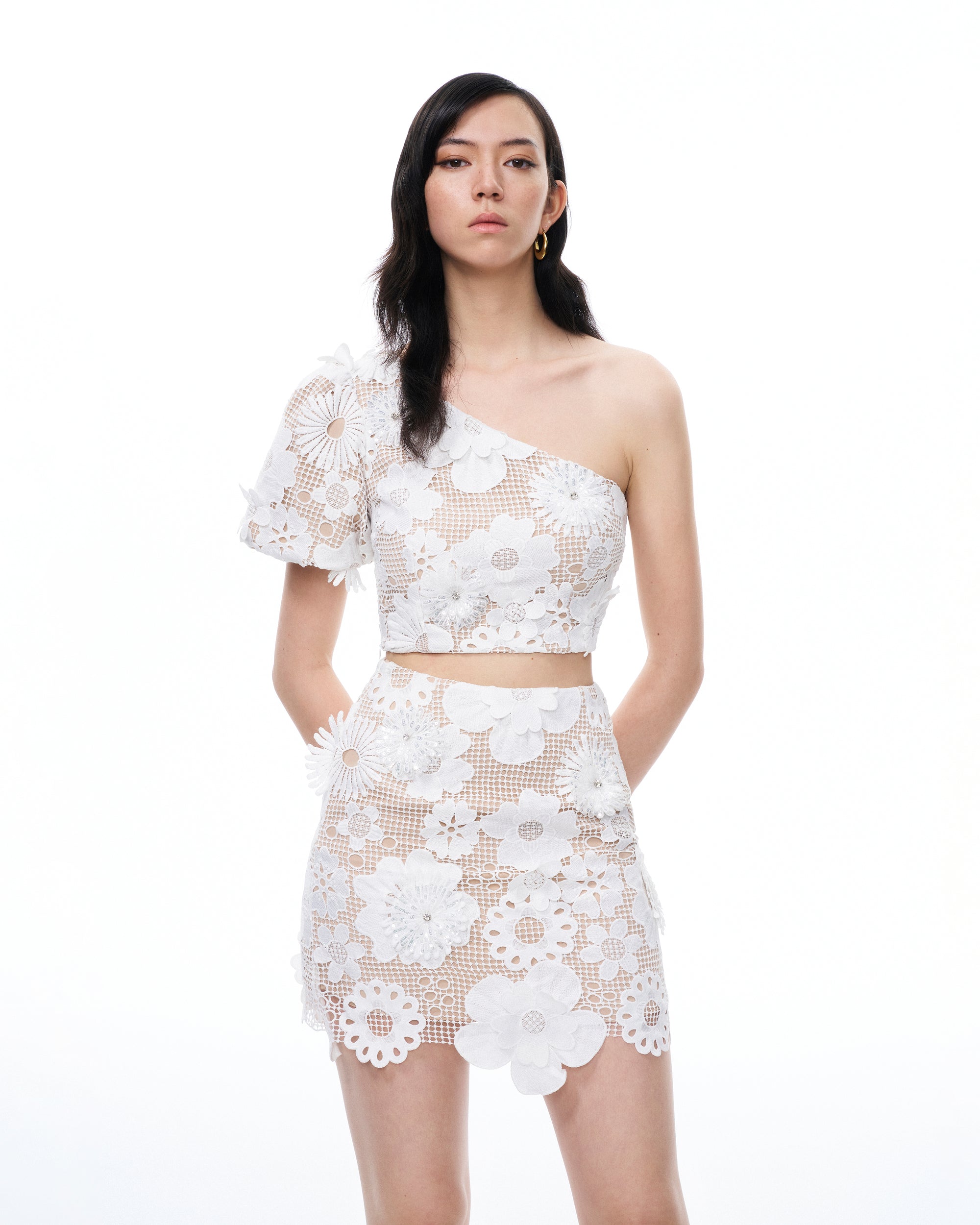 Ophelia One-shoulder Embroidered Iace Dress Suit - White