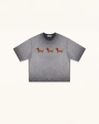 Triple Dachshund Embroidered Boxy Tee - Washed Grey