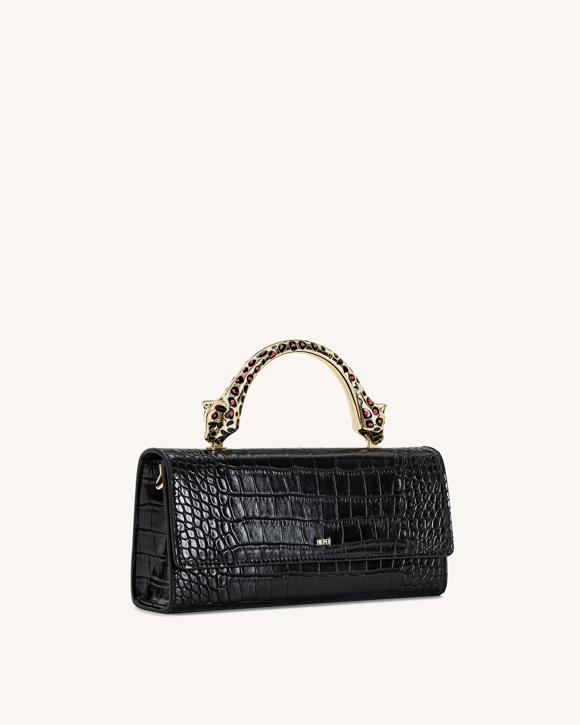 Maya Leopard-Shaped Hardware Handle Top Handle Bag - Black Croc