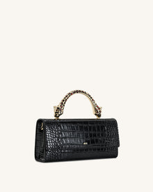 Maya Leopard-Shaped Hardware Handle Top Handle Bag - Black Croc