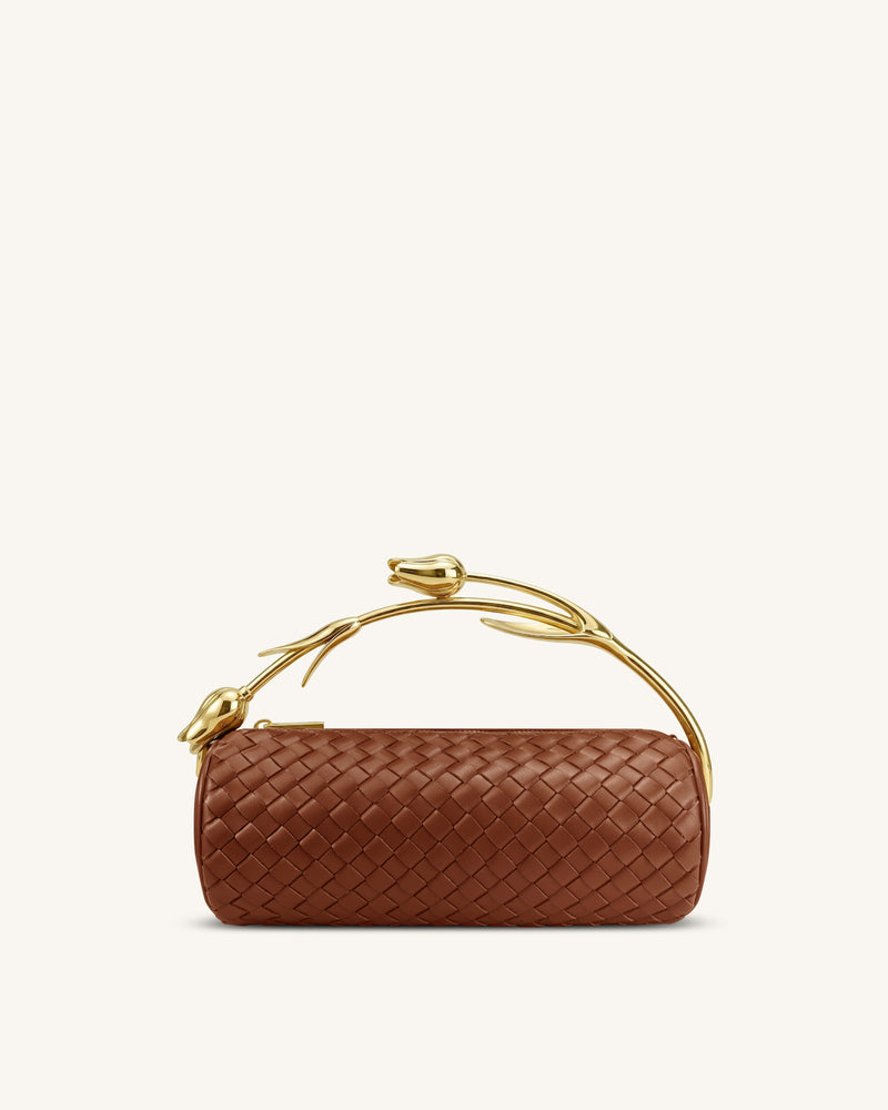 Elara Tulip Shaped Metal Handle Woven Top Handle Bag - Brown