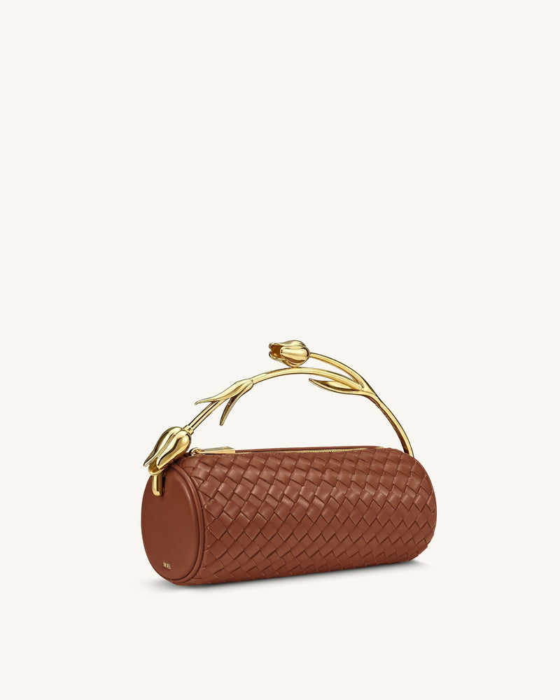Elara Tulip Shaped Metal Handle Woven Top Handle Bag - Brown