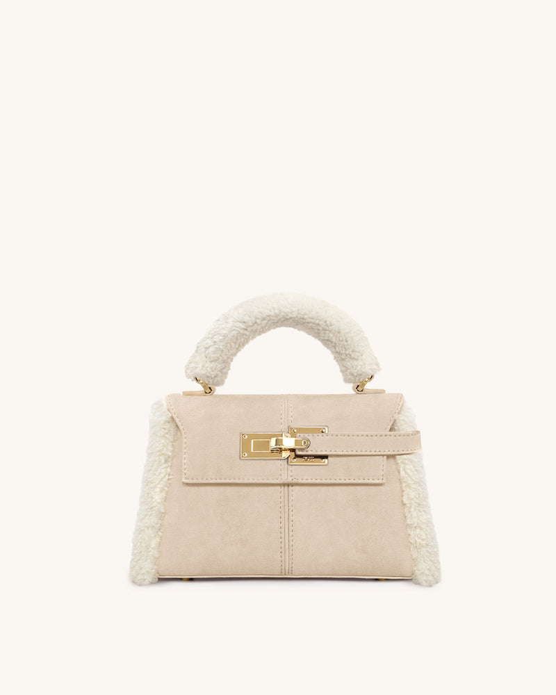 Elise Faux Suede Shearling Trim Top Handle Bag - Taupe