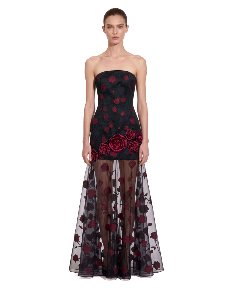 Floral Embellished Strapless Sheer-Hem Maxi Dress - Black & Red