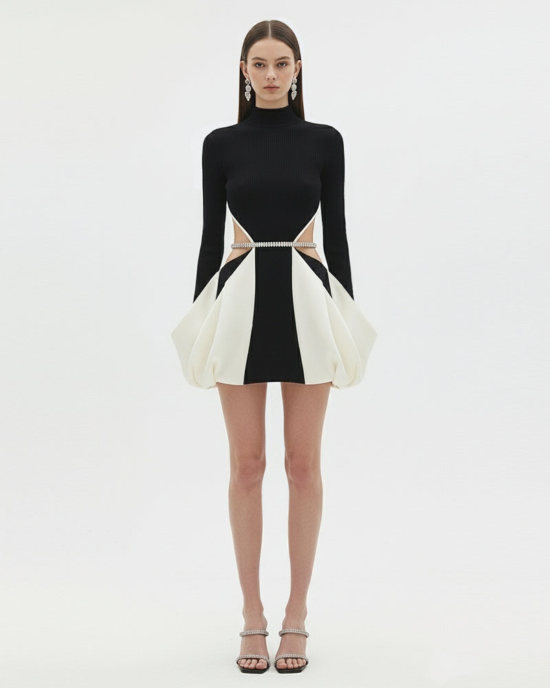 Monochrome Paneled Cutout Mini Dress - Black