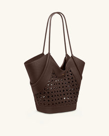 Maribel Woven Panel Tote Bag - Dark Brown