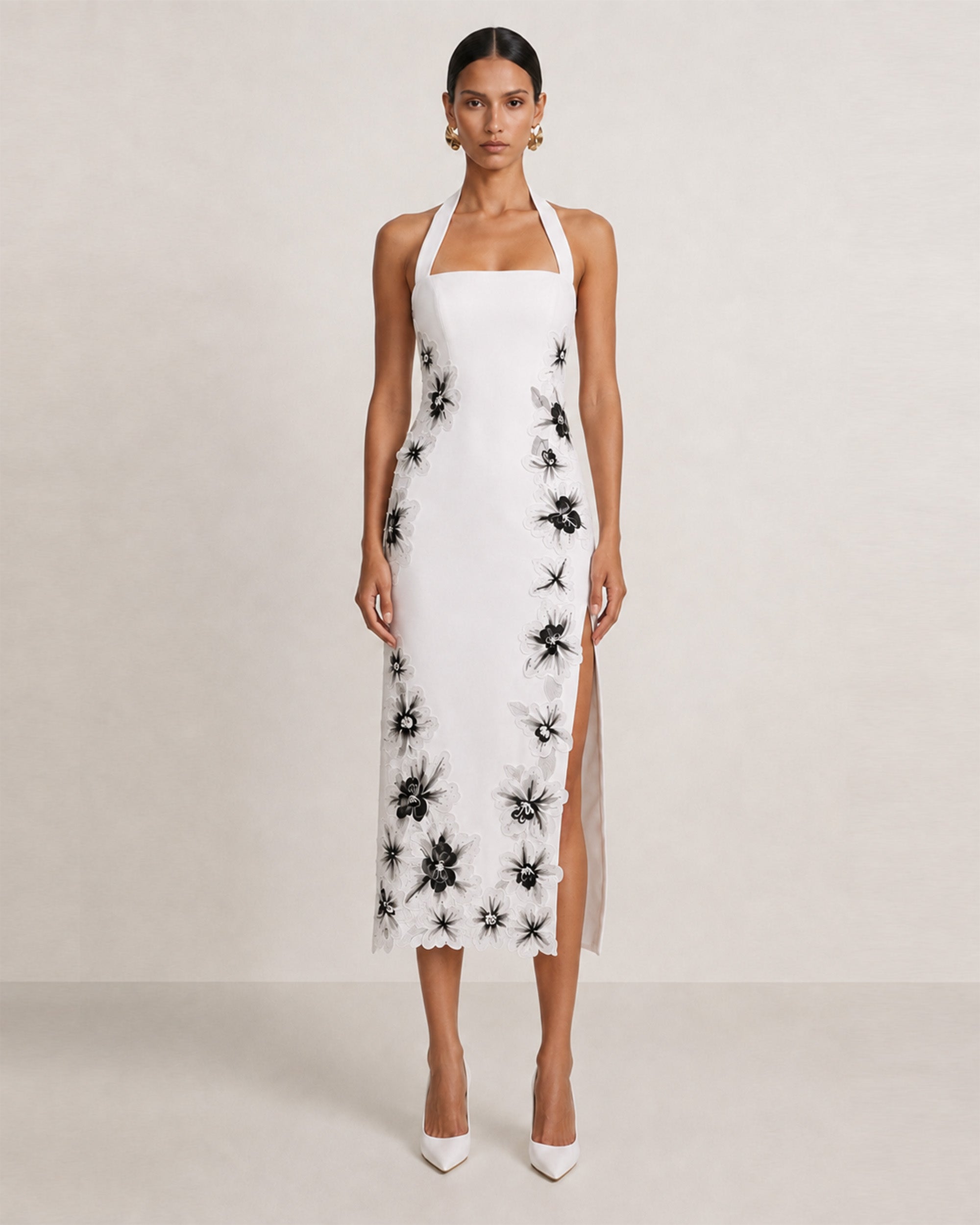 Flower Embroidered Halter Midi Dress - White
