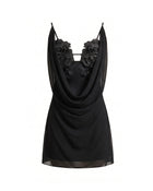 Flower Embroidered Cowl Neck Mini Dress - Black