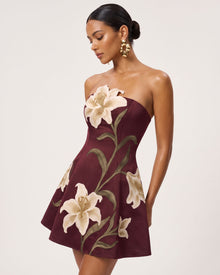 Lily Floral Print Strapless A-Line Mini Dress - Burgundy