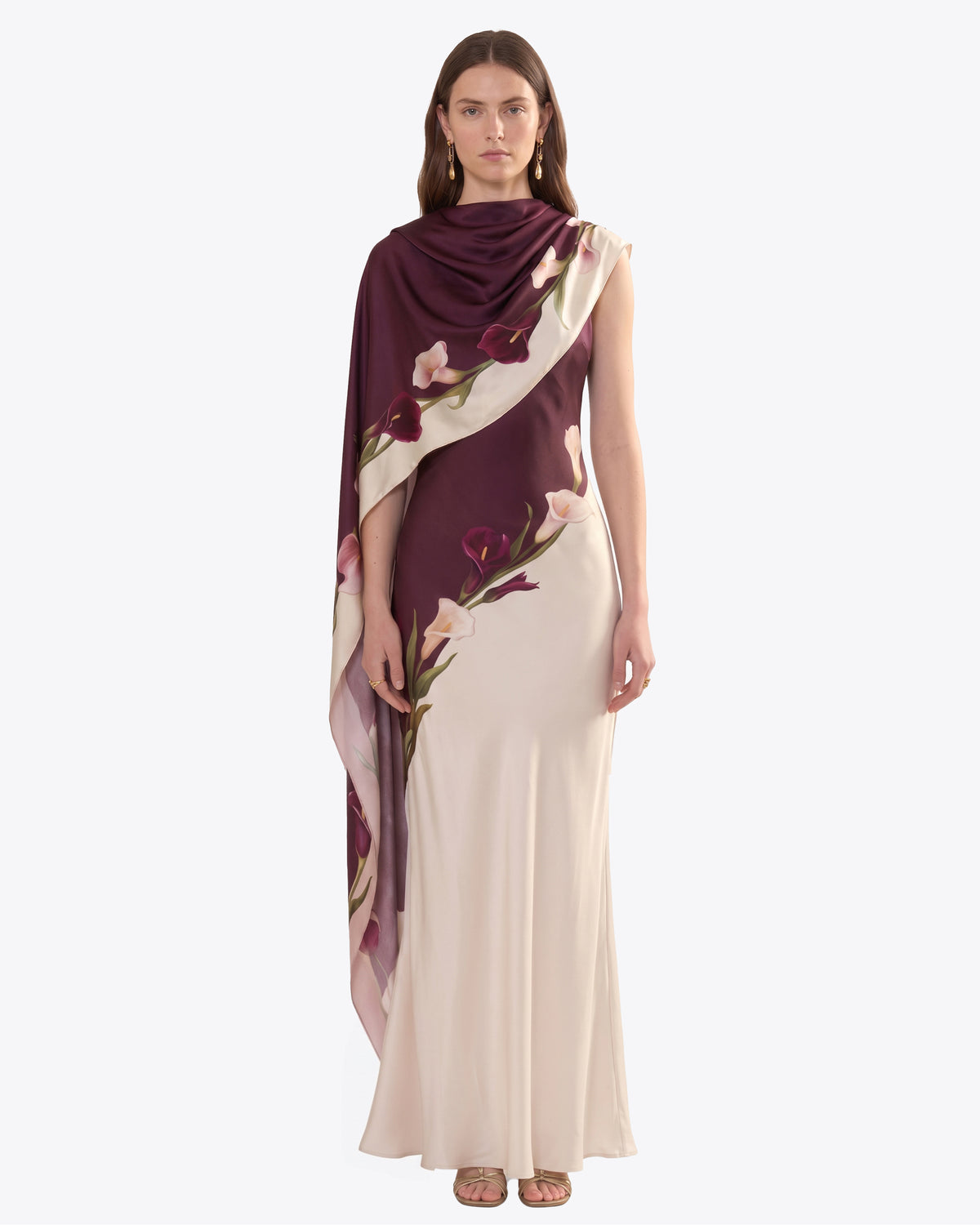 Calla Lily Printed Asymmetric Cape Satin Dress - Plum