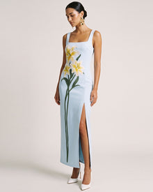 Lily Embroidered Square Neck Slit Satin Midi Dress - Light Blue