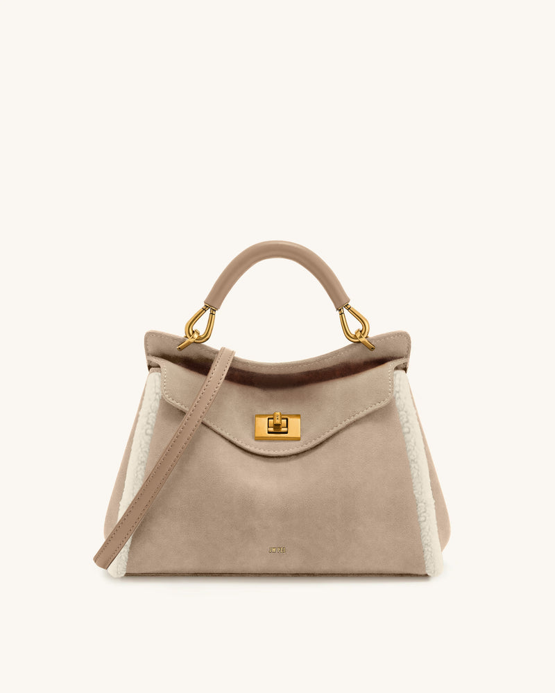 Lucia Classic Faux Suede Shearling Trim Top Handle Bag - Light Beige