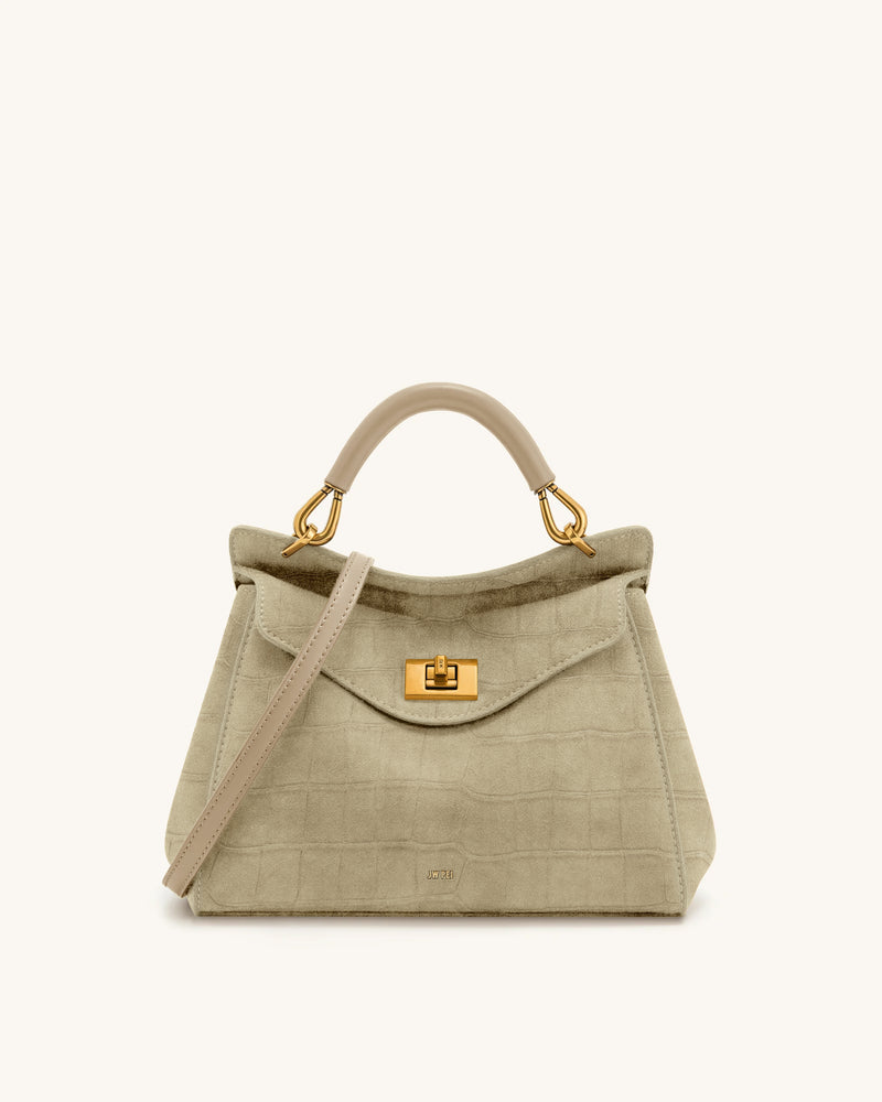 Lucia Classic Croc-Embossed Faux Suede Top Handle Bag - Light Beige