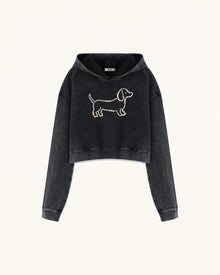 Pearl Outline Dachshund Cropped Hoodie - Acid Black
