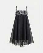 Floral Embroidered Sheer Swing Dress - Black