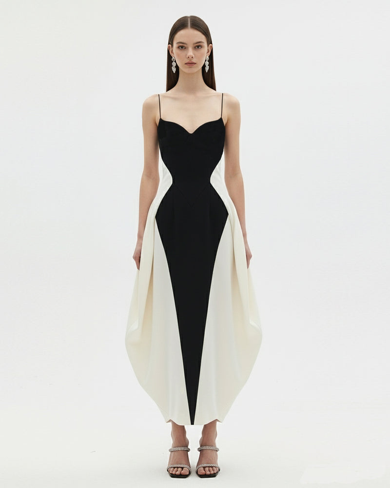 Monochrome Paneled Spaghetti Strap Maxi Dress - Black