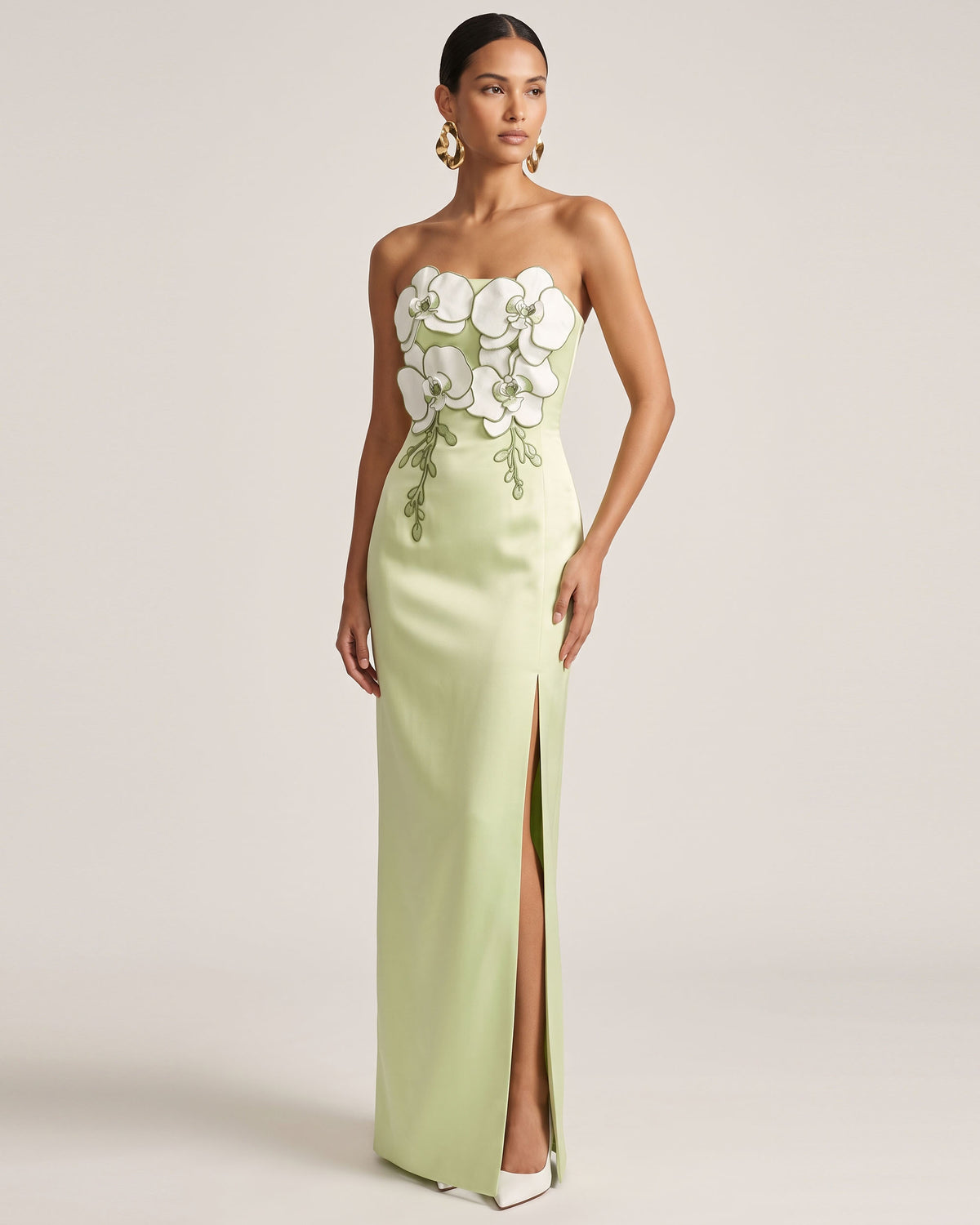 3D Floral Strapless Slit Satin Maxi Dress - Lime Green