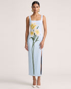 Lily Embroidered Square Neck Slit Satin Midi Dress - Light Blue