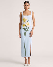 Lily Embroidered Square Neck Slit Satin Midi Dress - Light Blue