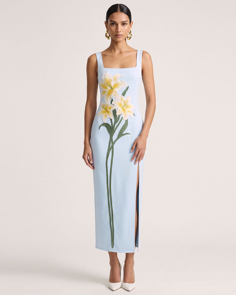 Lily Embroidered Square Neck Slit Satin Midi Dress - Light Blue