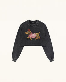 Whimsical Faux Embroidery Dachshund Sweatshirt - Black