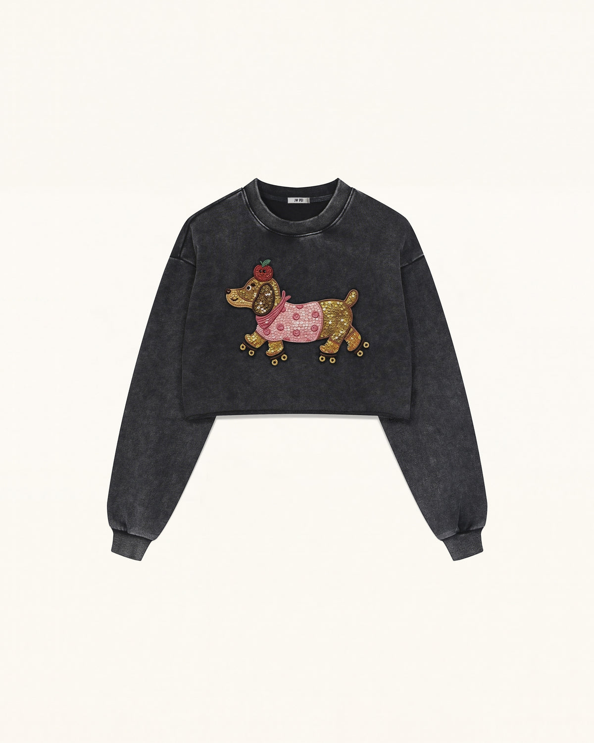 Whimsical Faux Embroidery Dachshund Sweatshirt - Black