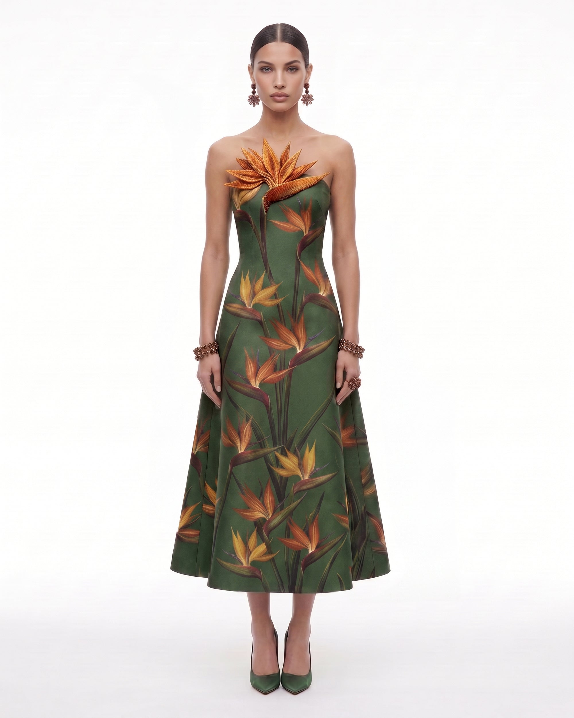 Bird of Paradise Appliqué Strapless A-Line Midi Dress - Green
