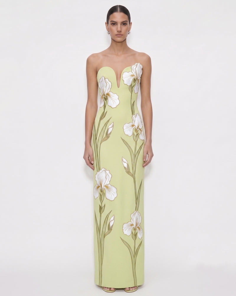 Iris Embroidered
Notch Neck Strapless Maxi Dress
 - Light Green