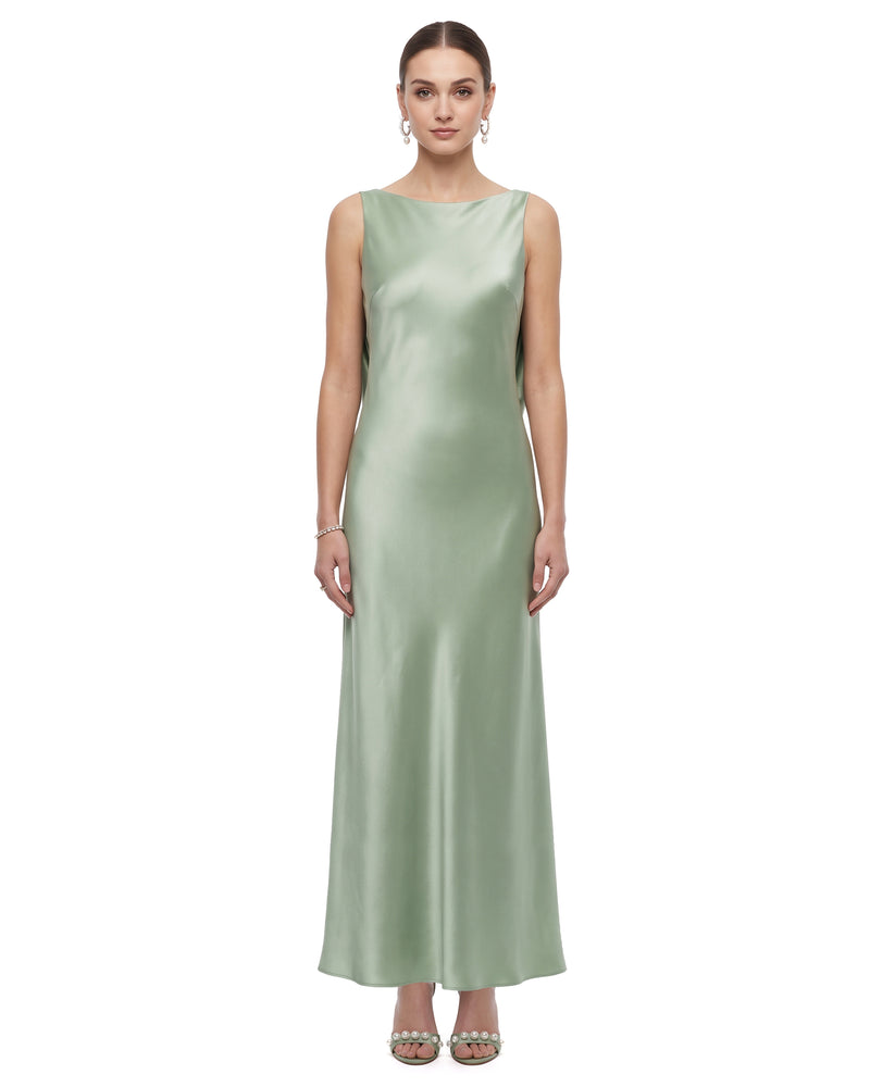 Calla Lily Embroidered Bow-Back Satin Maxi Dress - Sage Green