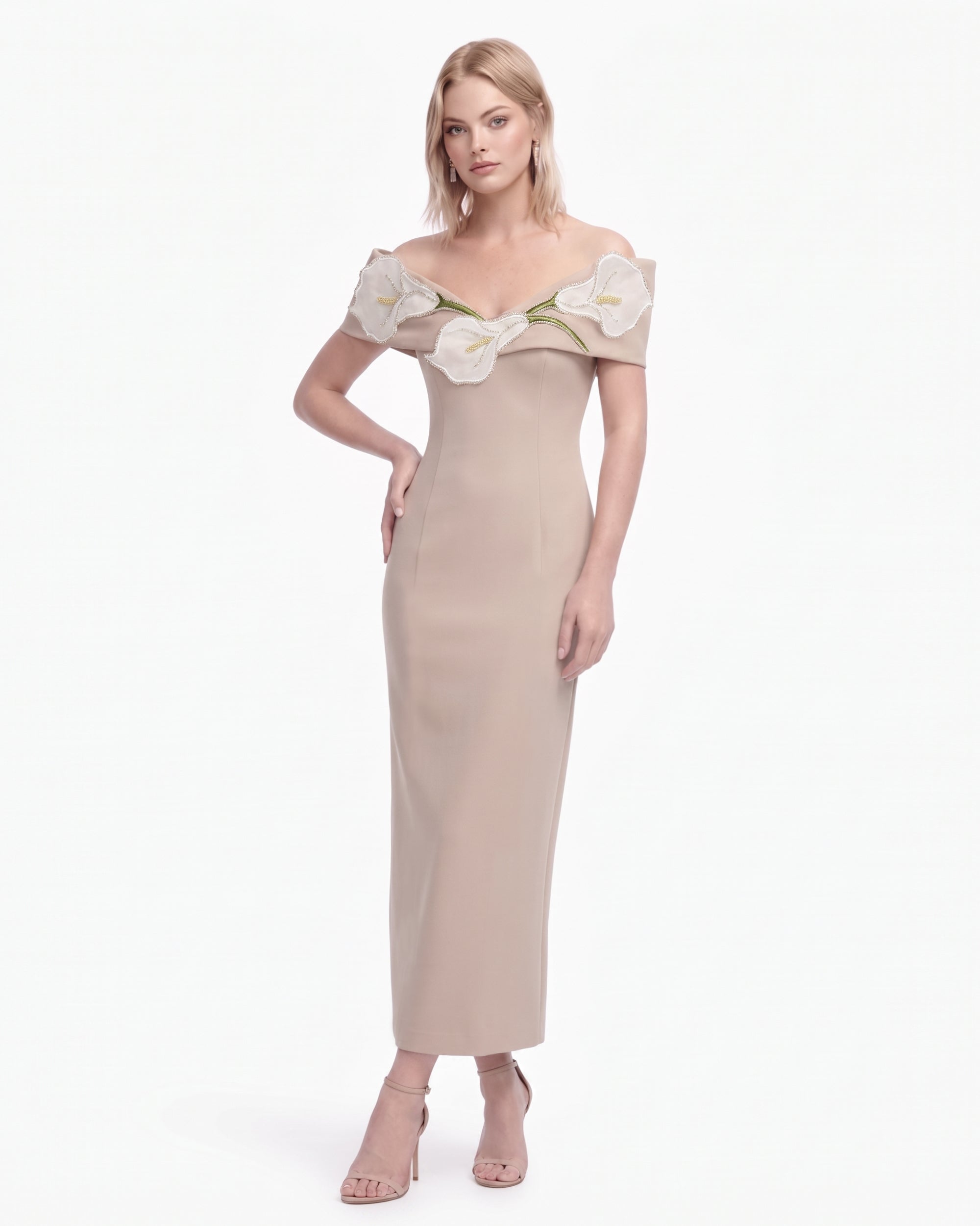 Calla Lily 3D Floral Off Shoulder Maxi Dress - Taupe