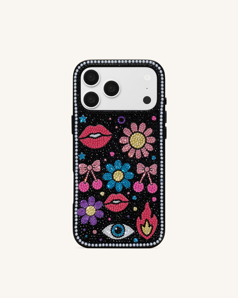 Retro Icon Artificial Crystal Phone Case - Black