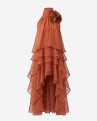 Poppy Embroidered Detail Halter Draped Tiered High-Low Maxi Dress - Orange