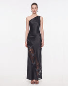 Lace Panel One-Shoulder Satin Maxi Dress - Black