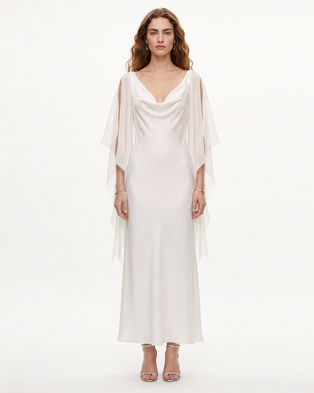 Cowl Back Butterfly Embroidered Slip Gown - White