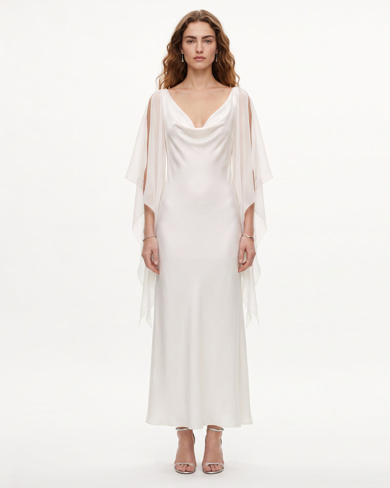Cowl Back Butterfly Embroidered Slip Gown - White