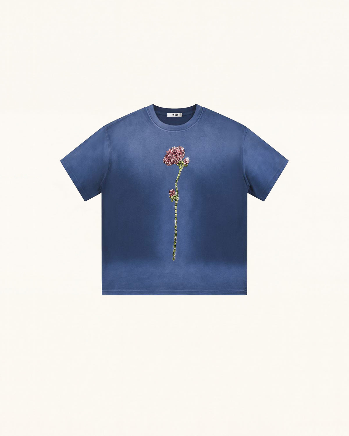 Essential Rhinestone Rose Acid Wash Boxy Tee - Vintage Blue