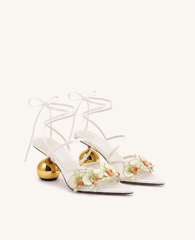 Celia Orchid Embroidered Sphere Heel Lace-Up Sandals - White