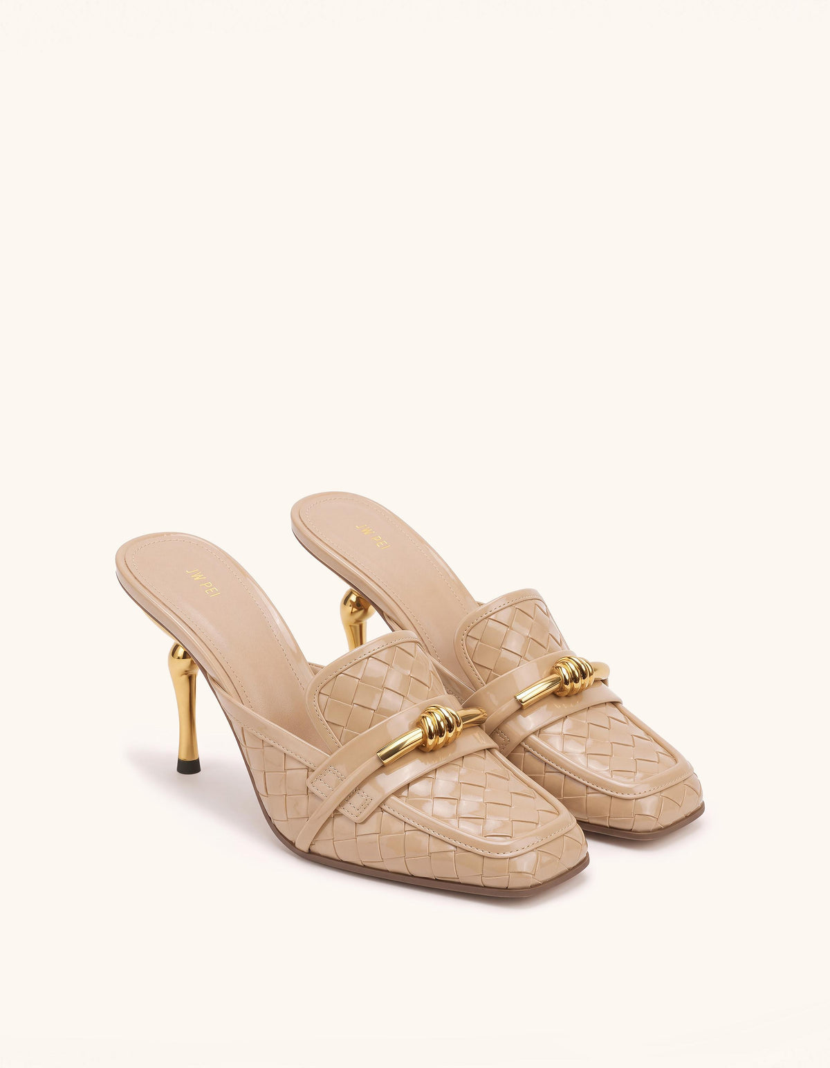 Lena Metal Rope Knot Woven Square Toe Mules - Nude