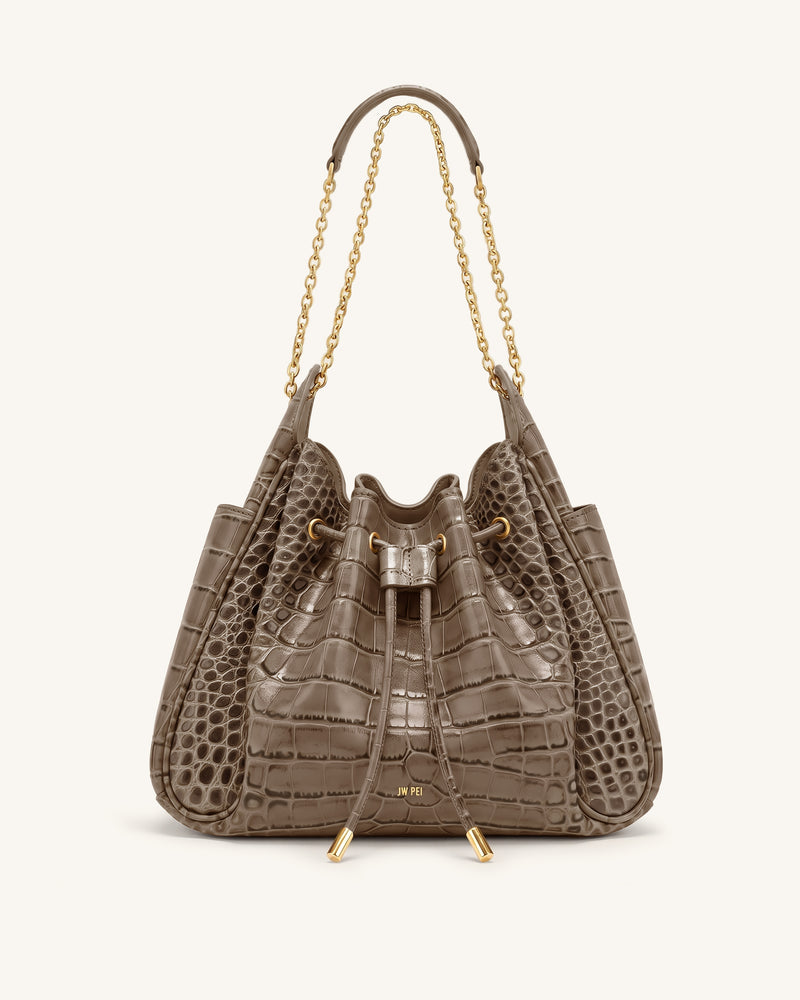 Rowan Ruched Drawstring Chain Bucket Bag - Sand Brown Croc