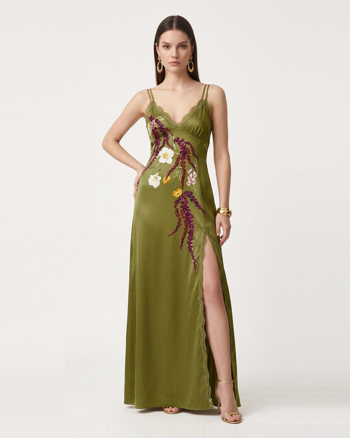 Lace Trim Floral Embroidered Slit Dress - Olive