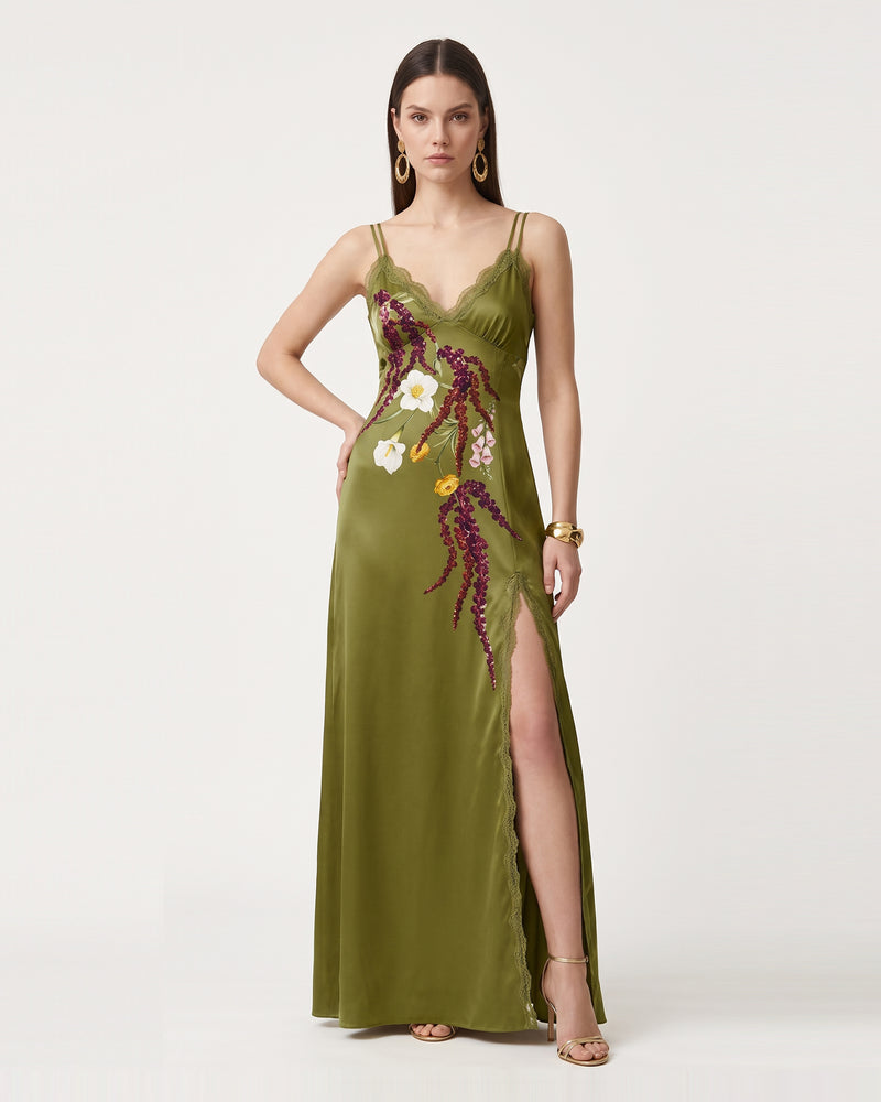 Lace Trim Floral Embroidered Slit Dress - Olive