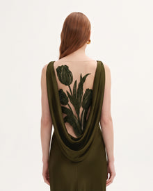 Tulip Appliqué Cowl-Back Satin Column Maxi Dress - Olive Green