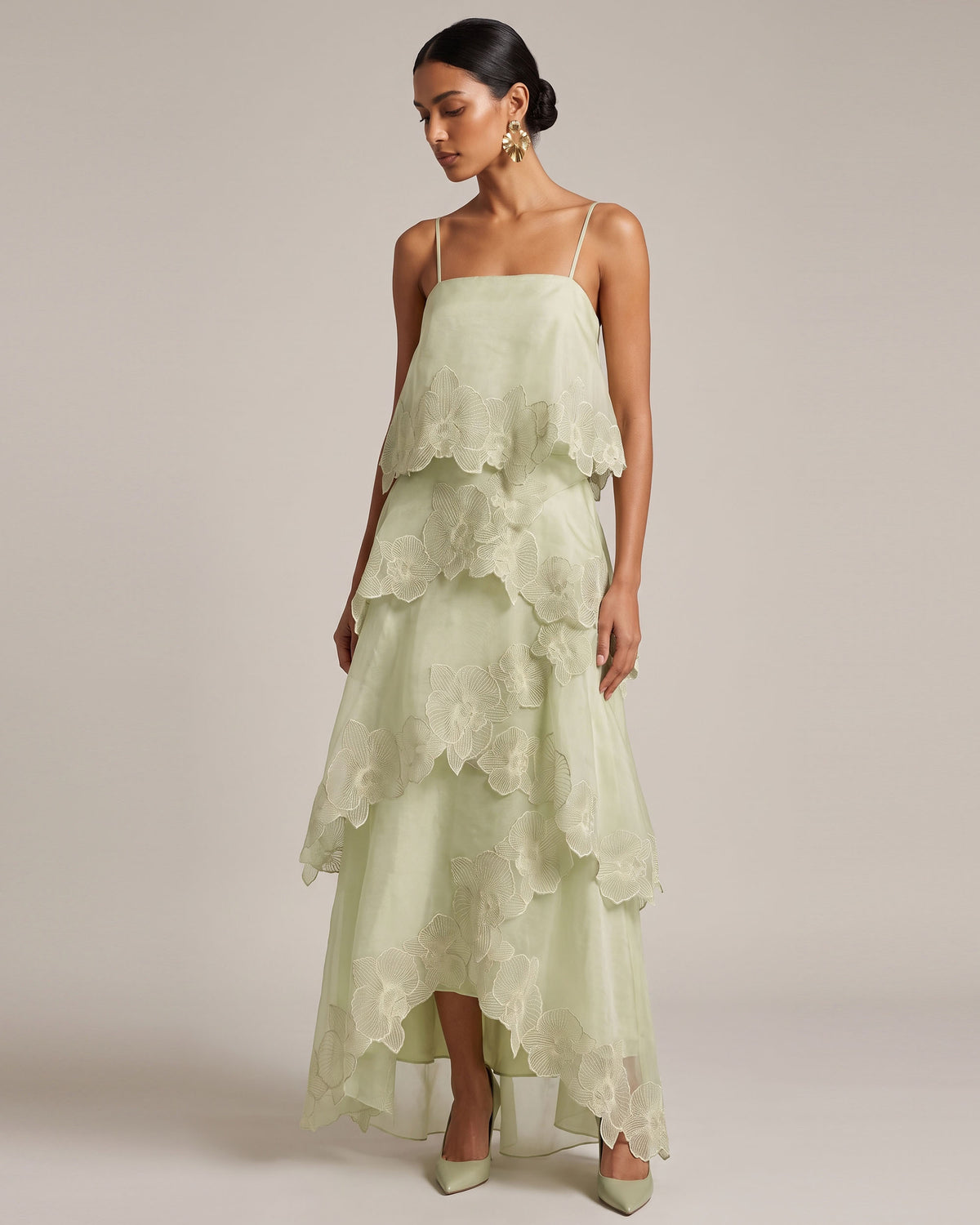 Orchid Embroidered Layered Maxi Dress - Light Green